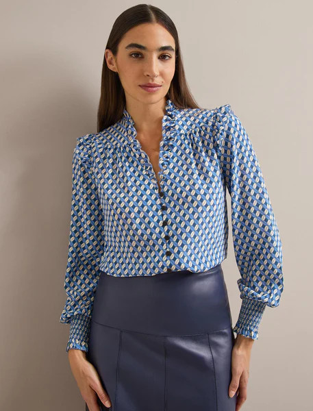 Stella Silk Shirt - Blue Cream Lips Print | Cefinn
