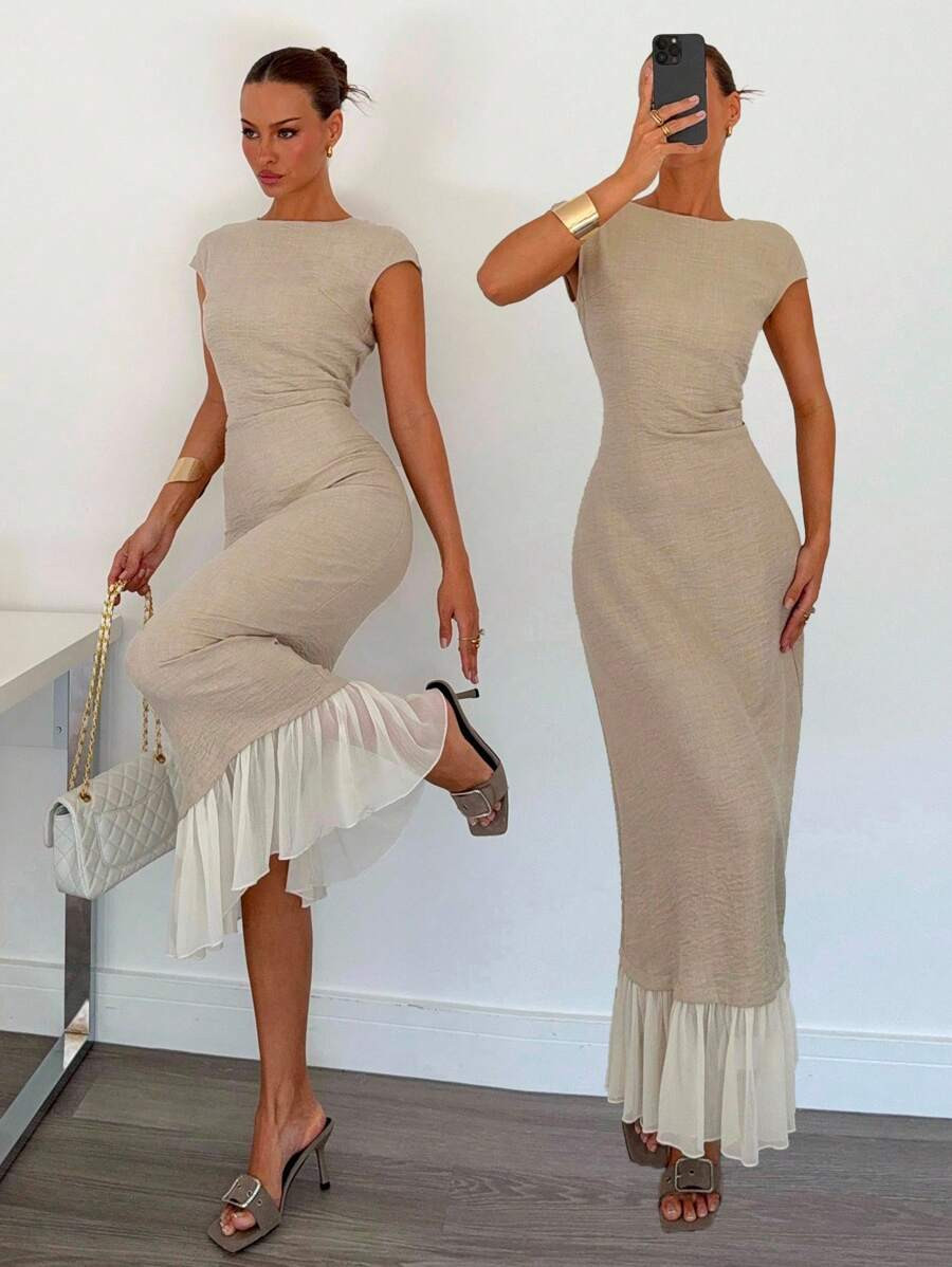 Siren Gaze New Style Splicing Pleated Dress Long Dress For Women, Linen Waist Slimming Splicing C... | SHEIN