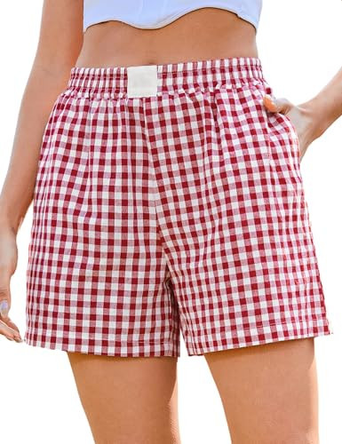 Marvmys Womens Boxer Shorts Casual Summer Cotton Pajama Lounge Sleep Pj Gingham Shorts Plaid Beach Bottoms Red L | Amazon (US)