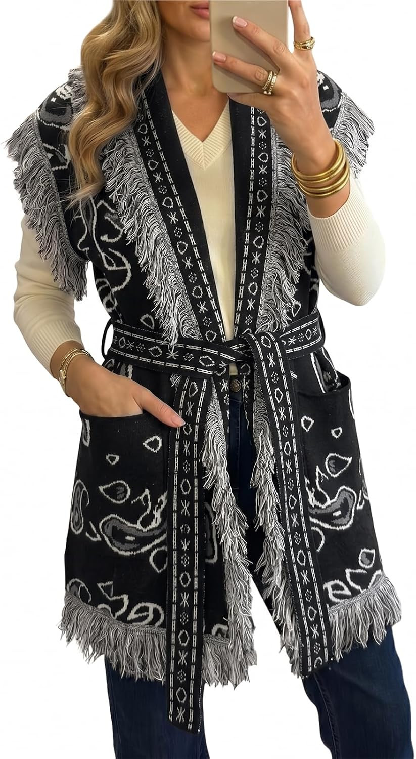 Saodimallsu Womens Sleeveless Long Cardigan Sweaters Fringe Shawl Collar Boho Paisley Wrap Belted Knit Vest with Pockets | Amazon (US)