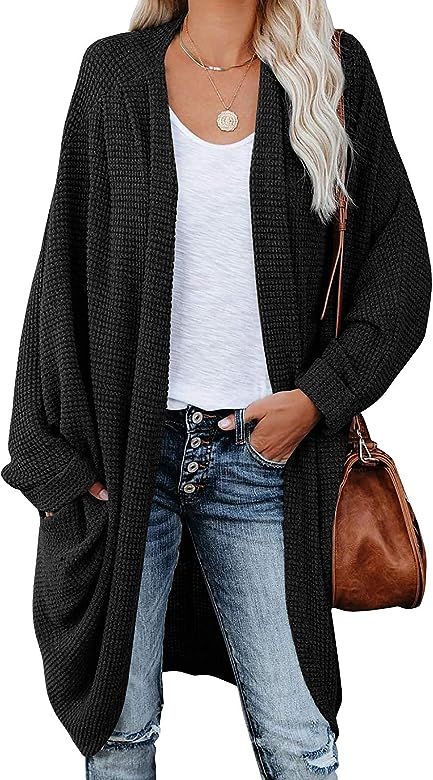 Women's Waffle Knit Batwing Long Sleeve Cardigan Oversized Open Front Sweater Coat | Amazon (US)