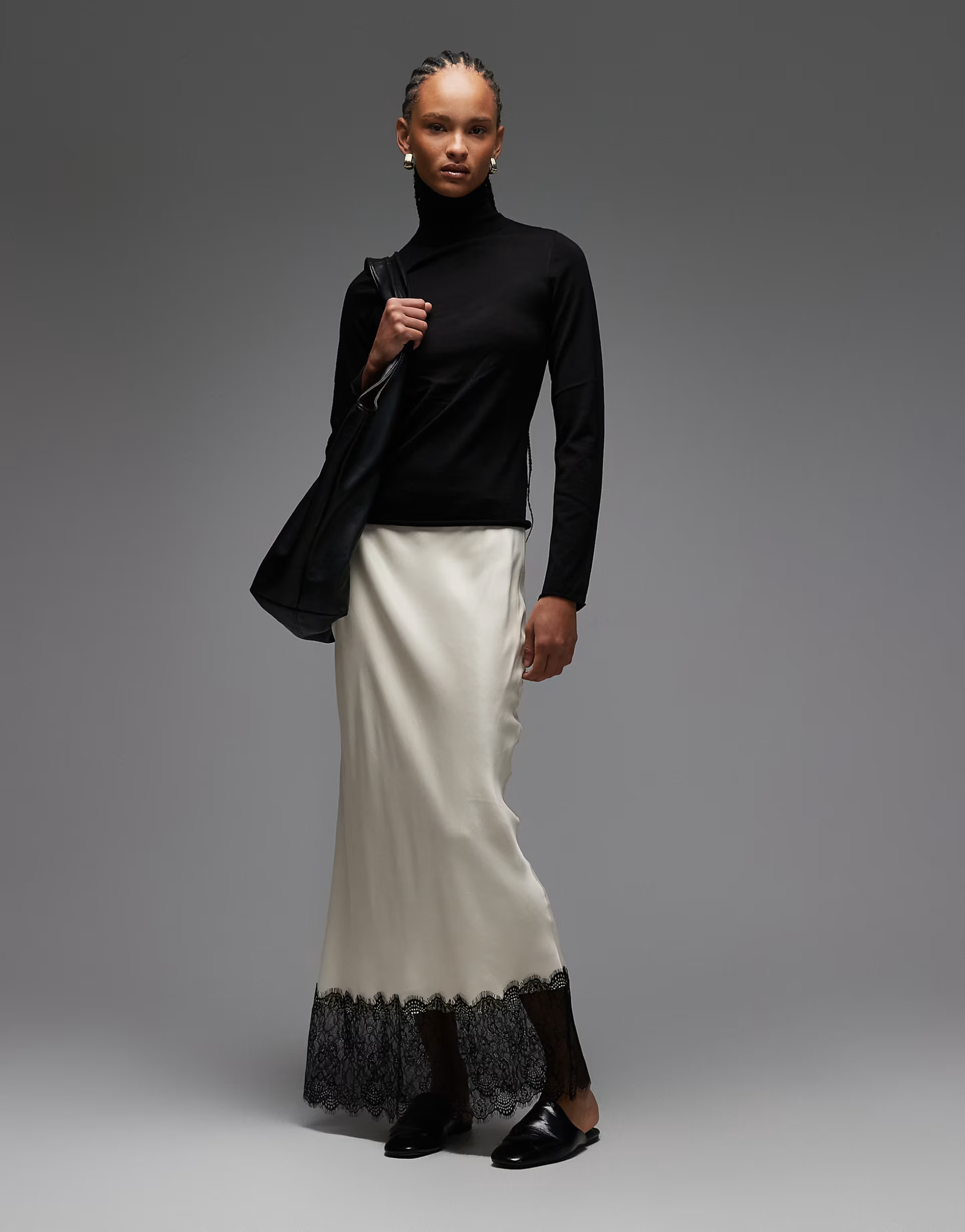 ASOS DESIGN satin lace trim bias midi skirt in ecru | ASOS | ASOS (Global)