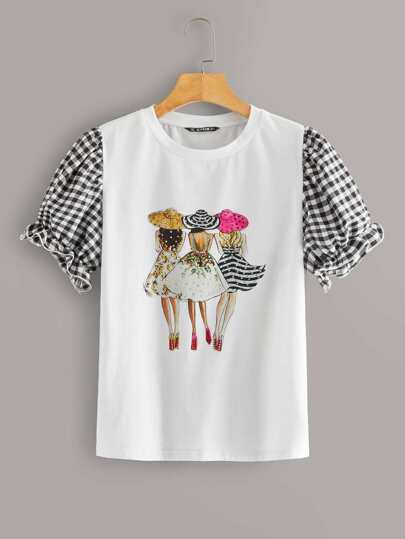 SHEIN Pearl Beaded Gingham Flounce Sleeve Tee | SHEIN