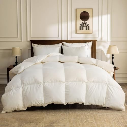 BPC Lightweight Down Comforter Oversized Queen - Fluffy Duvet Insert, 100% Organic Cotton Cover, High Fill-Power Feathers Down Comforter, for Warm Weather/Hot Sleepers, Ivory White, 98x98 Inches | Amazon (US)