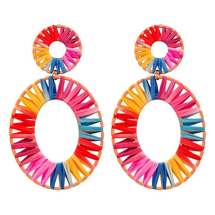 NEWNOVE Handmade Raffia Earrings Lightweight Geometric Straw Dangle Earrings for Women | Amazon (US)