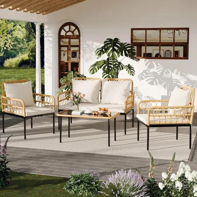 4 Piece Outdoor Wicker Patio Set, Chaise Lounge Chairs and Glass Table for Deck Porch | Wayfair North America