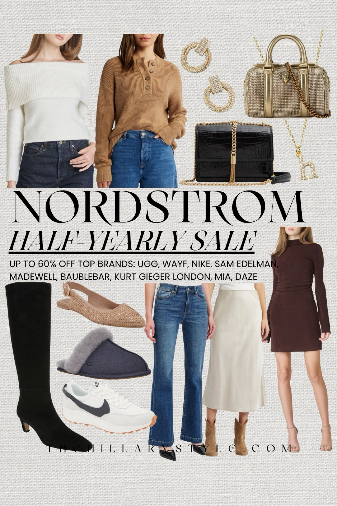 Nordstrom Half-Yearly Sale: top brands on sale at Nordstrom for a limited time. Brown mini dress, silk skirt, denim, off the shoulder sweater, button down sweater, handbag, boots, sneakers, mules, slippers, pave initial necklace, gold pave statement earrings. UGG, Nike, WAYF, Sam Edelman, Madewell, BaubleBar, MIA, Daze, Kurt Geiger London. 

#LTKStyleTip #LTKSaleAlert #LTKSeasonal