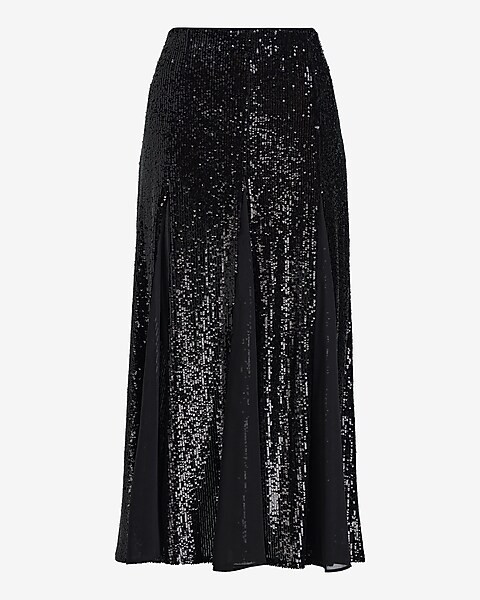 High Waisted Sequin Pleated Midi Skirt | Express