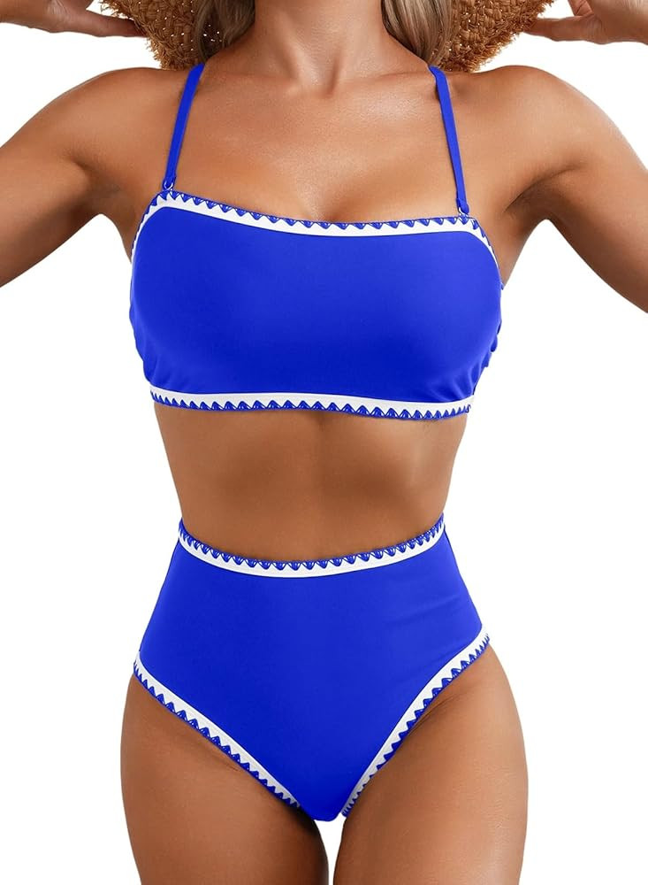 Herseas Women's 2 Pieces Bikini Color Block Whip Stitch Swimsuits 2025 Summer Off Shoulder High W... | Amazon (US)