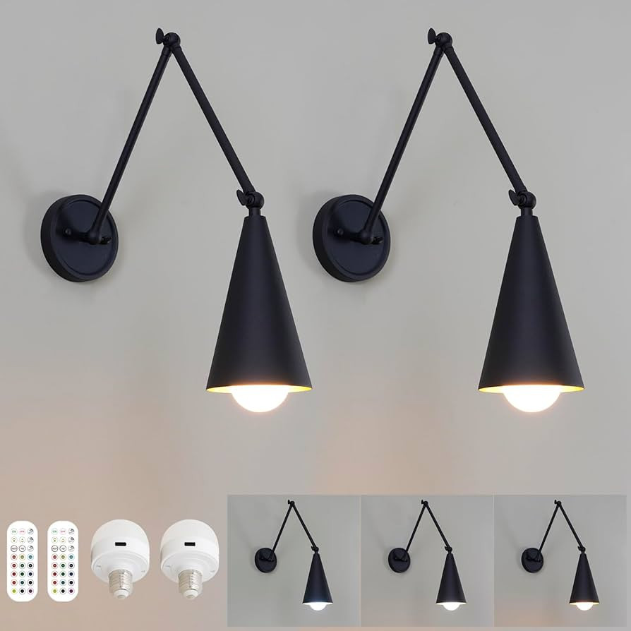 HEQIQEH 2-Pack Industrial Swing Arm Battery Powered Metal Black Wall Sconces, Vintage Rechargeabl... | Amazon (US)