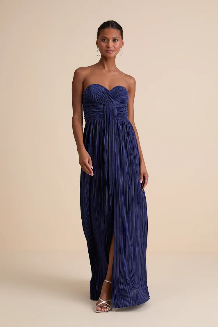 Oswin Navy Satin Plisse Strapless Maxi Dress | Lulus