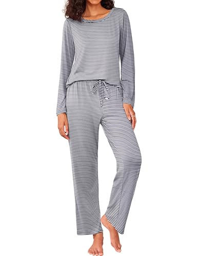 Ekouaer Womens Pajama Sets 2 Piece Pjs Sleepwear Soft Comfy Loungewear Long Sleeve Pullover Top and Pants Black Stripe L | Amazon (US)