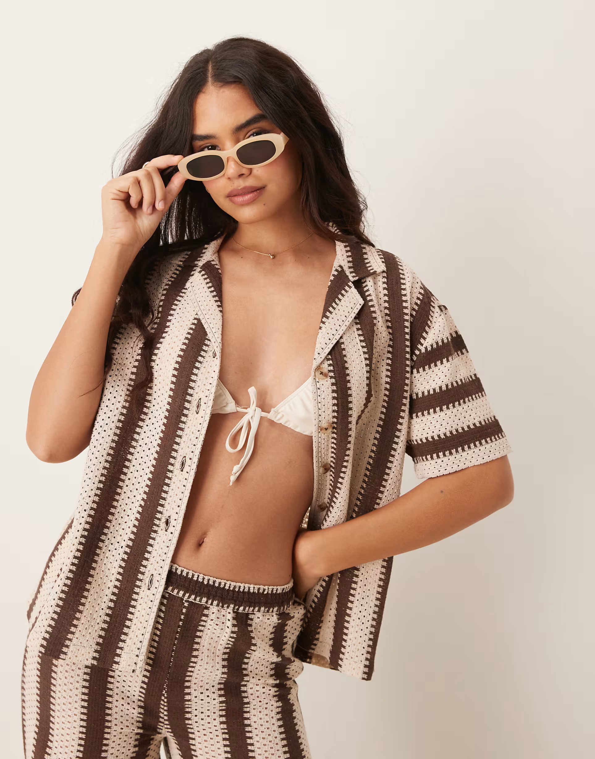Iisla & Bird stripe crochet beach shirt co-ord in brown and cream | ASOS (Global)