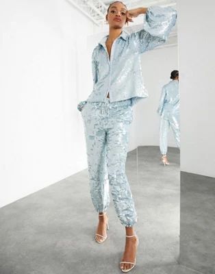 ASOS EDITION sequin shirt and joggers set in pale blue | ASOS (Global)