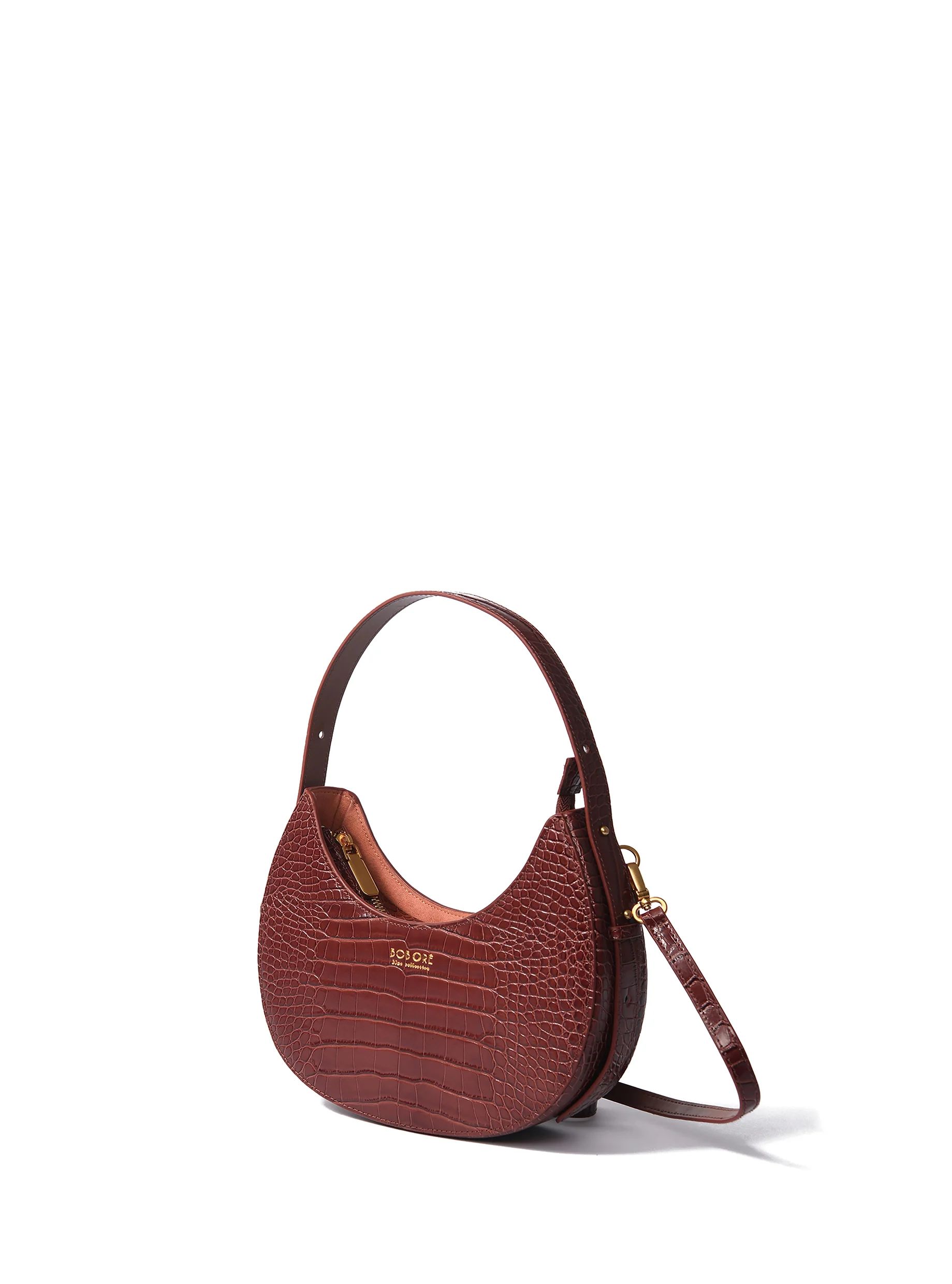 Naomi Leather Moon Bag with Croc-Embossed Pattern, Caramel | Bob Ore Blue Collection