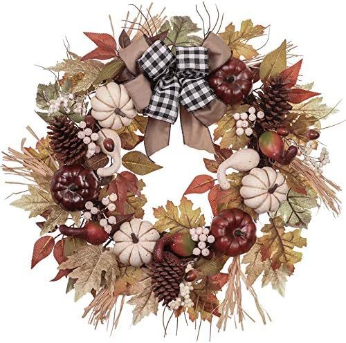 Valery Madelyn 24 inch Fall Pumpkin Wreath, Pine Cone Maple Leafs Autumn Wreaths for Front Door, ... | Amazon (US)