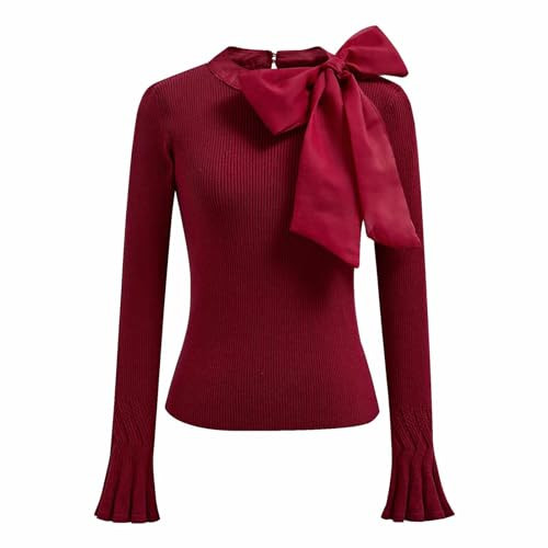 CHICWISH Bow Tied Neck Knit Tops Fall Casual Long Sleeve Cropped Pullover Solid Color Wrap Sweater Tops | Amazon (US)