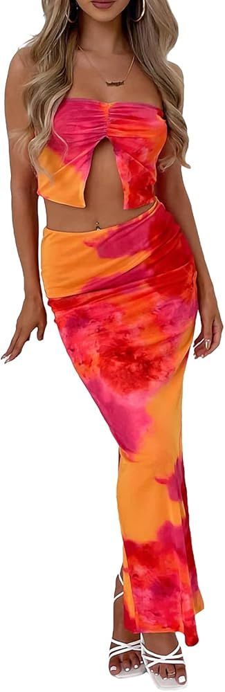 Women Floral 2 Piece Maxi Skirt Set Sheer Ruched Crop Tube Top Bodycon Mesh Long Skirt Y2k Sexy B... | Amazon (US)