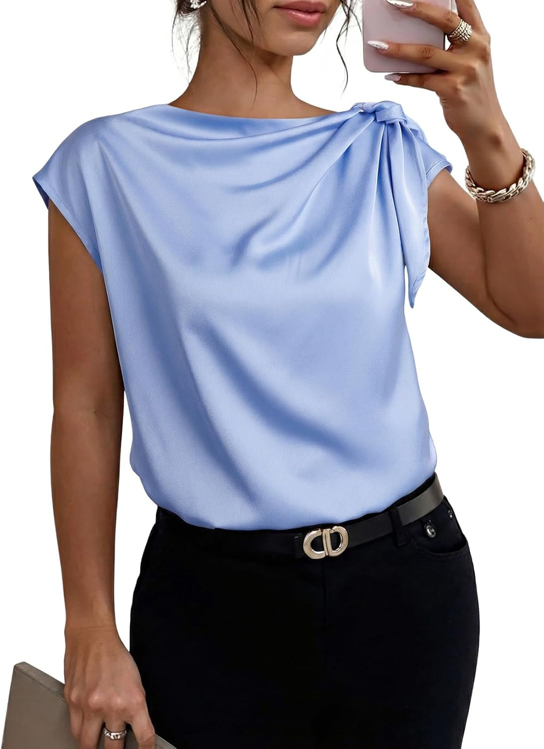 Dokotoo Womens Tops Dressy Casual Cowl Neck Short Sleeve Satin Blouses | Amazon (US)