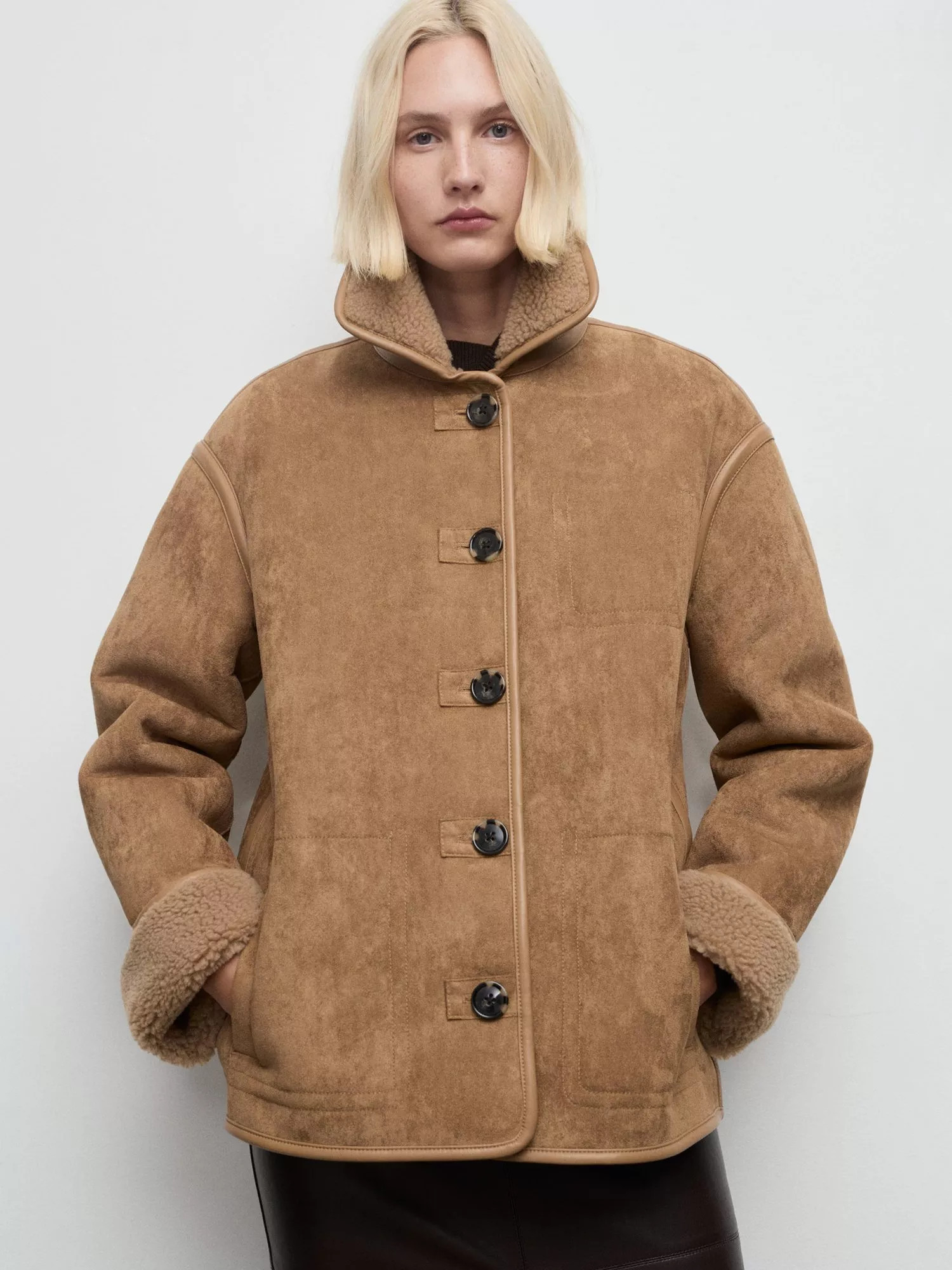 Mango Dune Faux Shearling Suede Effect Coat, Brown | John Lewis (UK)