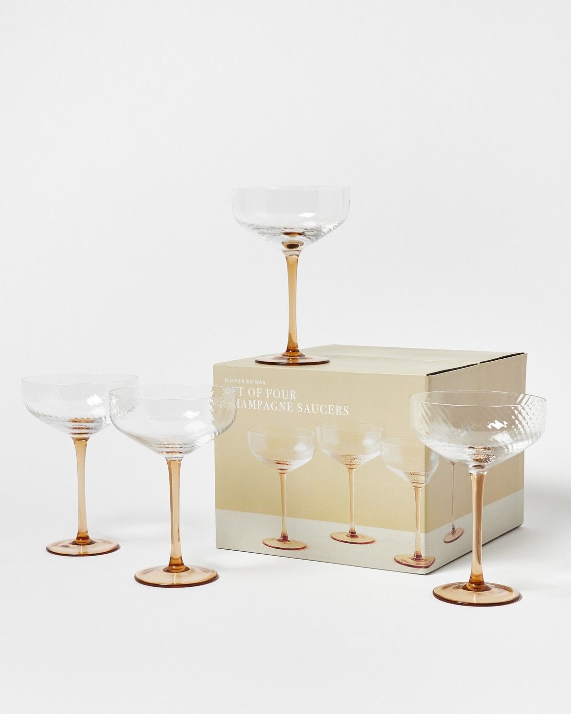 Raya Peach Glass Champagne Saucers Set of Four | Oliver Bonas (Global)