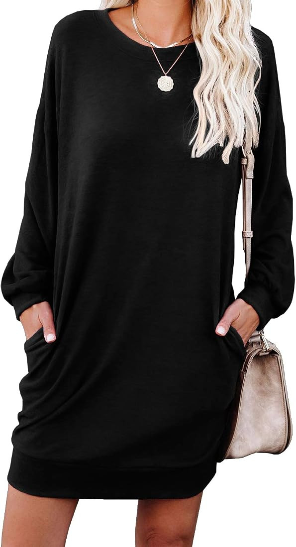 PrinStory Women's Long Sleeves Dresses Casual Loose Round-Neck Tuinc Tops Basic Dress with Side P... | Amazon (US)