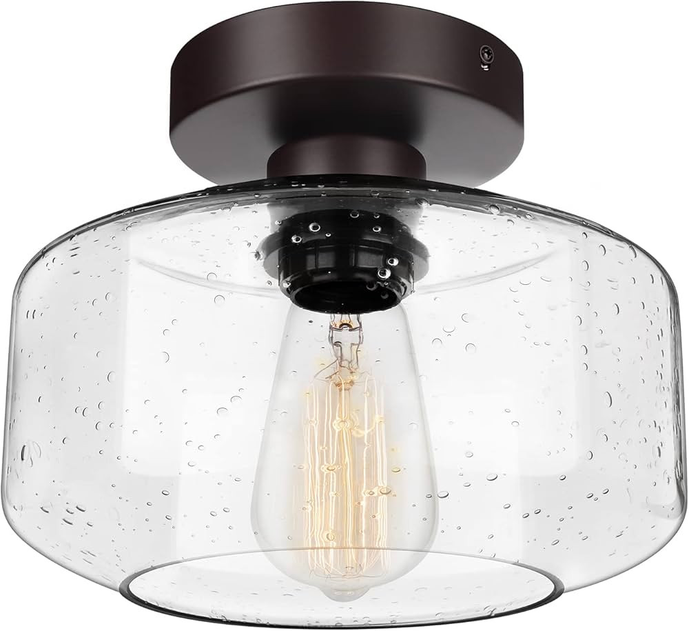 Industrial Semi-Flush Mount Ceiling Light, Seeded Glass Pendant Lamp Shade, Brown Farmhouse Light... | Amazon (US)
