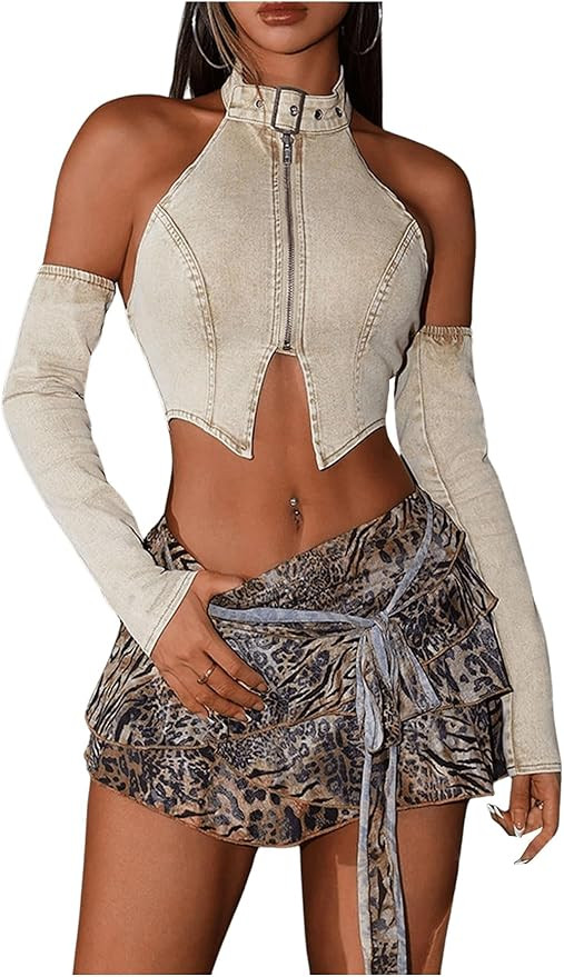 Floerns Women's Denim Halter Zip Up Crop Top Cut Out Arm Sleeve Y2K Corset Tops | Amazon (US)