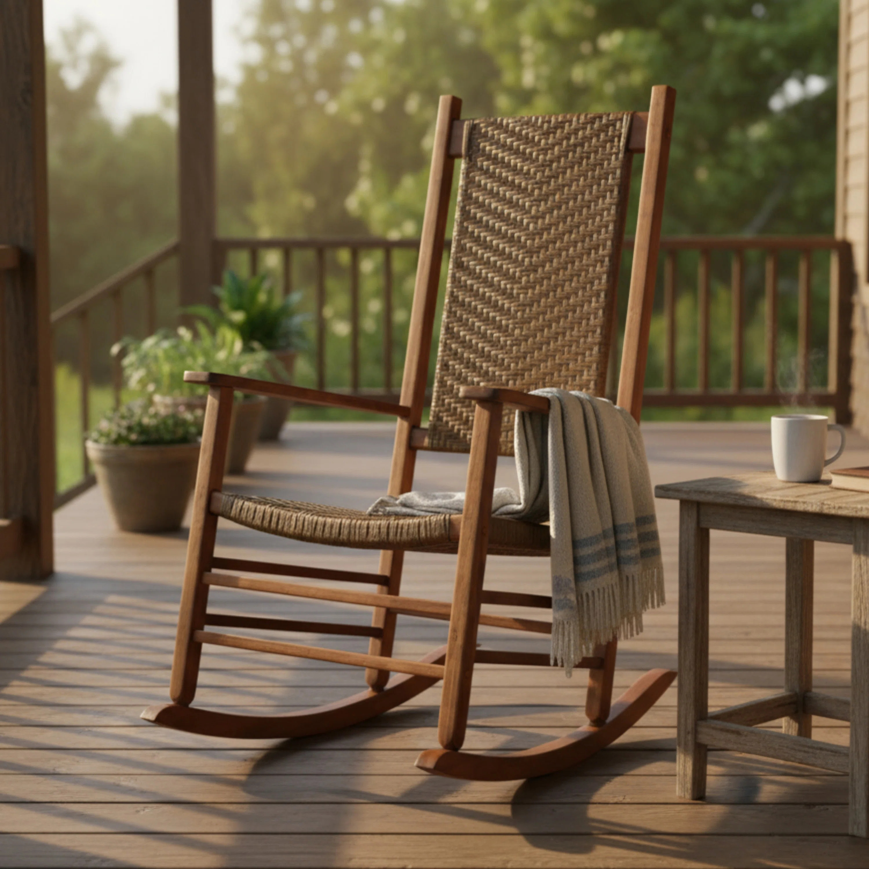 Canaan Hardwood Rocking Chair with Weather-Resistant Woven Wicker Back | Wayfair North America