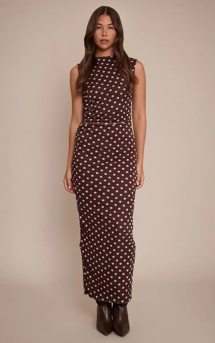 Light Brown Polka Dot Mesh Maxi Dress | PrettyLittleThing US