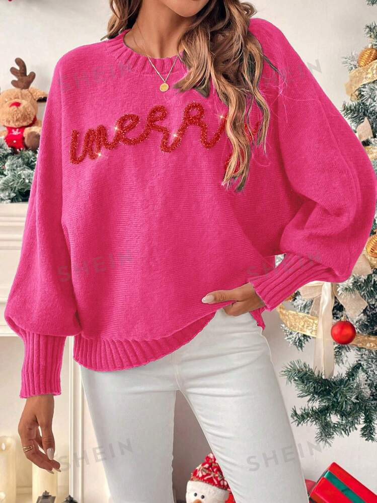 SHEIN Relaxiva Women's Autumn/Winter Contrast Color Letter Christmas Sweater, Trendy Oversized Tu... | SHEIN