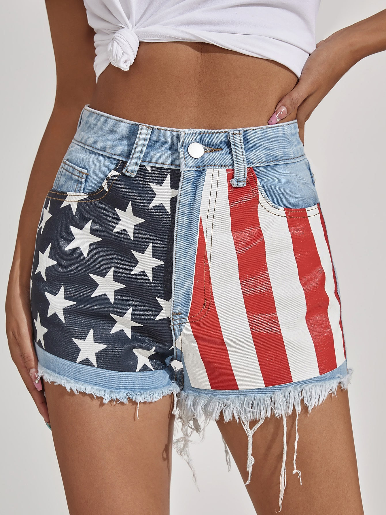 High Waist Flap Print Denim Shorts | SHEIN