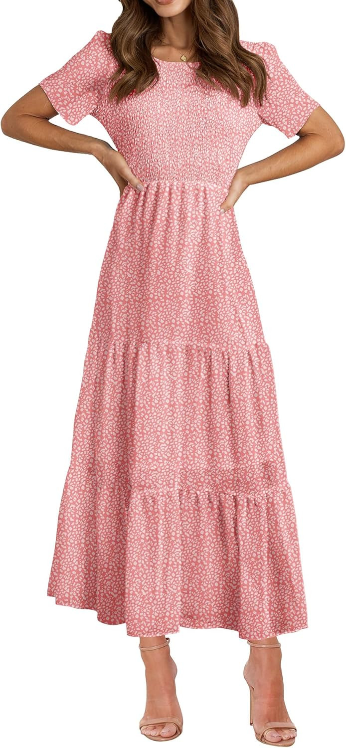 BTFBM Women Casual Short Sleeve Crew Neck Summer Dress Bohemian Floral Printed Flowy Maxi Dresses... | Amazon (US)