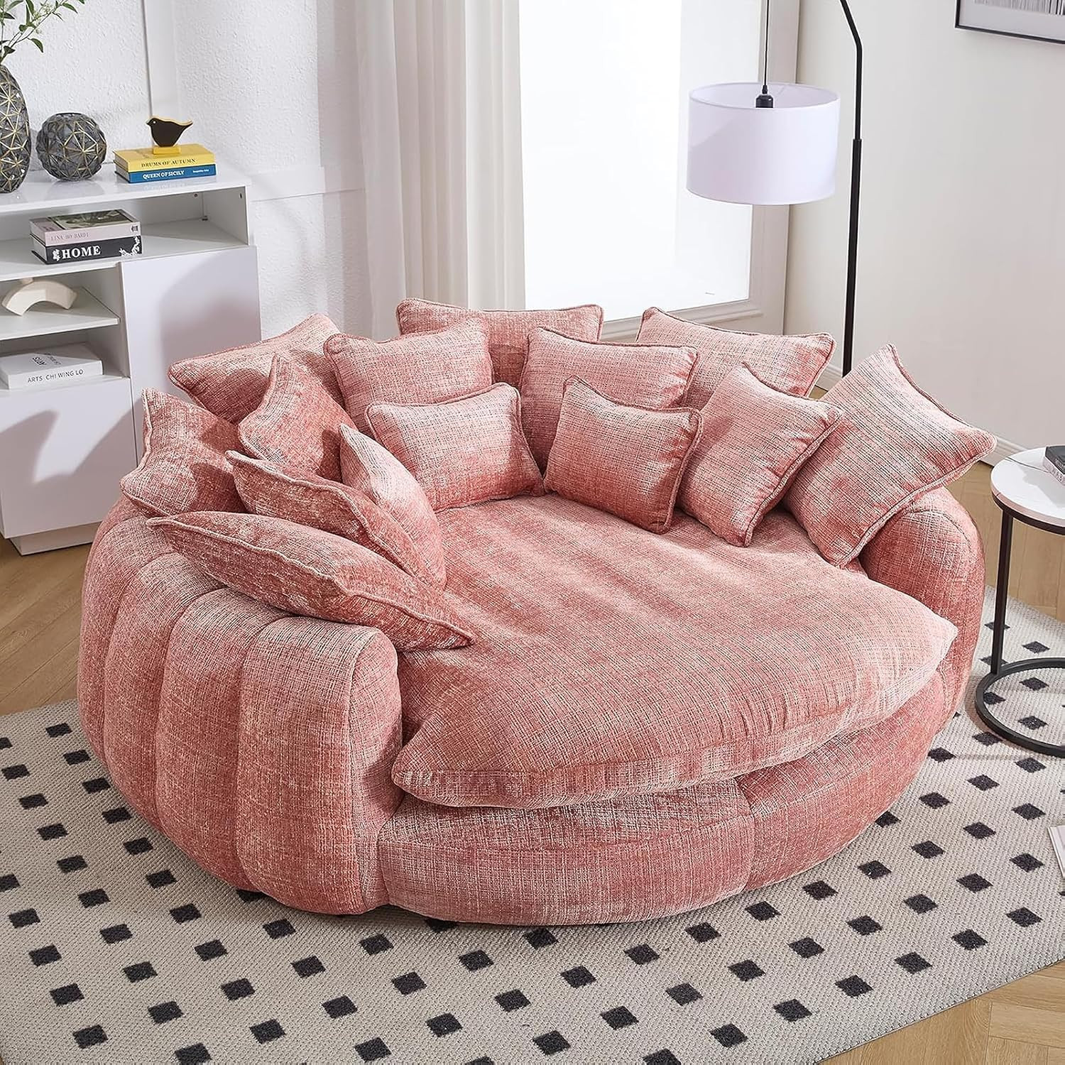 Boneless Round Couch with Deep Seat and 14 Removable Pillows, Oversized Circle Chaise Lounge Chair for 2 Person, Comfy Chenille Loveseat Cloud Couches for Living Room, Pink | Amazon (US)