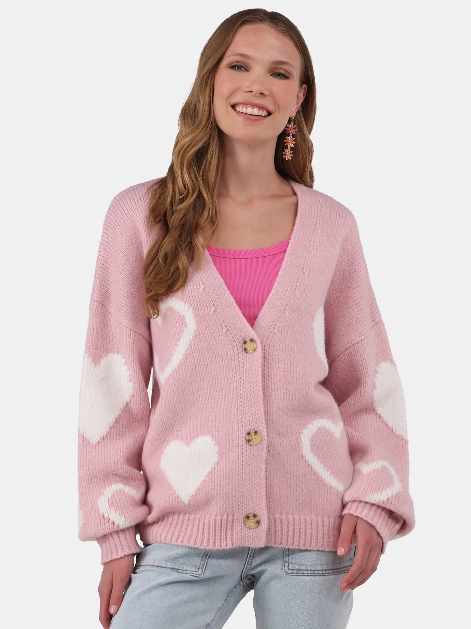 No Boundaries Button-Front Heart-Print Cardigan, Midweight, Women's and Women’s Plus Sizes XXS ... | Walmart (US)