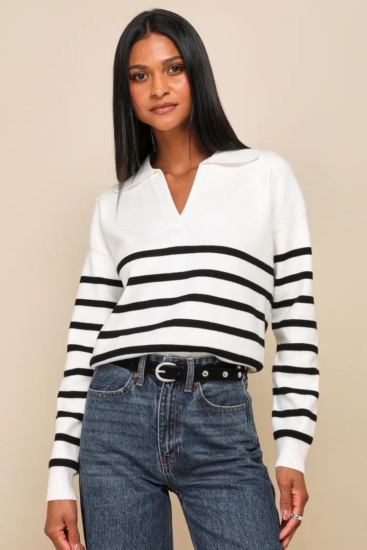 Comfy Culture Ivory and Black Striped Collared Sweater Top | Lulus