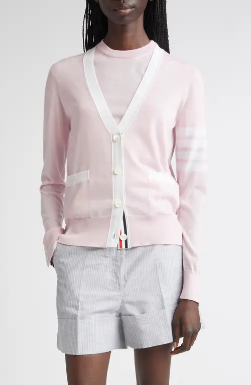Thom Browne 4-Bar Relaxed Fit V-Neck Virgin Wool Cardigan in Light Pink at Nordstrom, Size 12 Us | Nordstrom