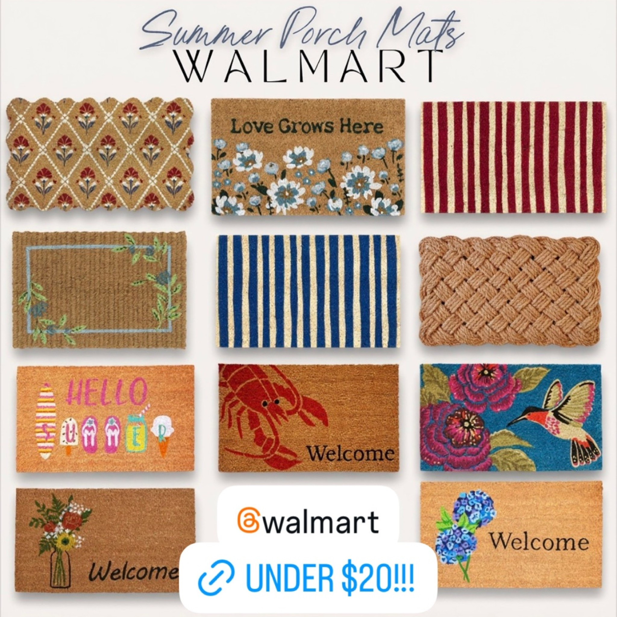 https://on.ltk.com/+u1jswcU5BYiwYR9I3mqHTA

Front porch 
Walmart home 
Door mats 
Summer decor