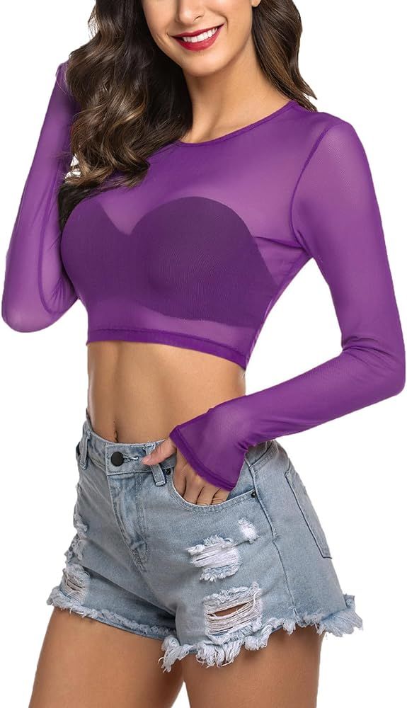 Avidlove Women Mesh Crop Top Long Sleeve See Through Shirt Sheer Blouse O Neck Clubwear S-4XL | Amazon (US)