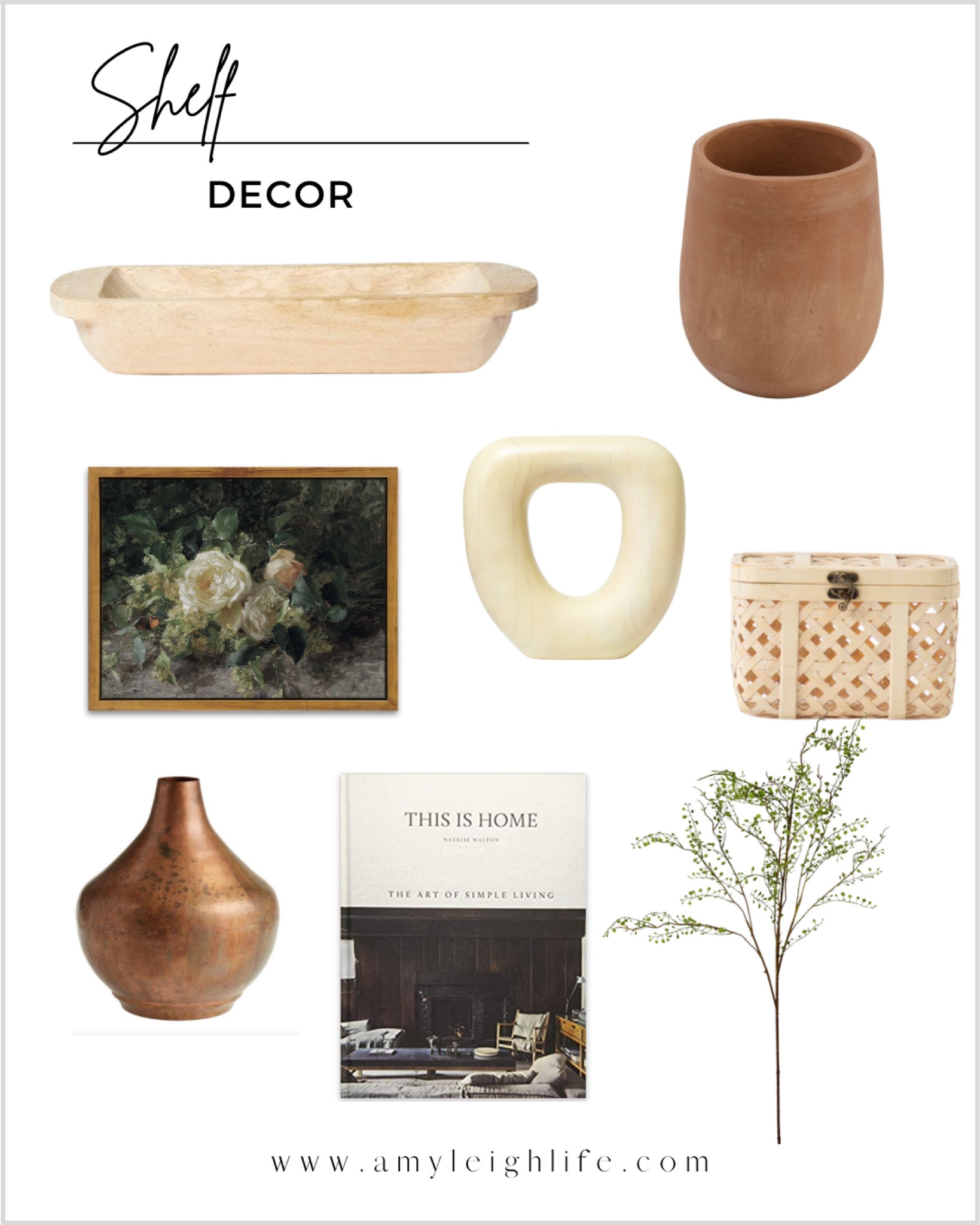 Shelf decor finds. 

Home decor, artificial stems, faux stems, green stems for spring, coffee table book, neutral coffee table books, Amazon finds, woven box, stacking boxes, woven decor for shelf, coffee table decor, copper vintage patina metal jug vase, framed canvas wall art, budget friendly decor, floral art, botanical, moody art, sculpture decor, wood bread bowl, boat bowl, long wooden bowl, wood trough, Studio McGee 

#LTKhome #LTKunder100 #LTKFind