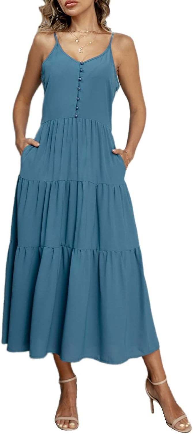 QegarTop Maxi Dress with Pockets Summer Dresses 2023 Spaghetti Strap Casual Beach Long Dresses | Amazon (US)