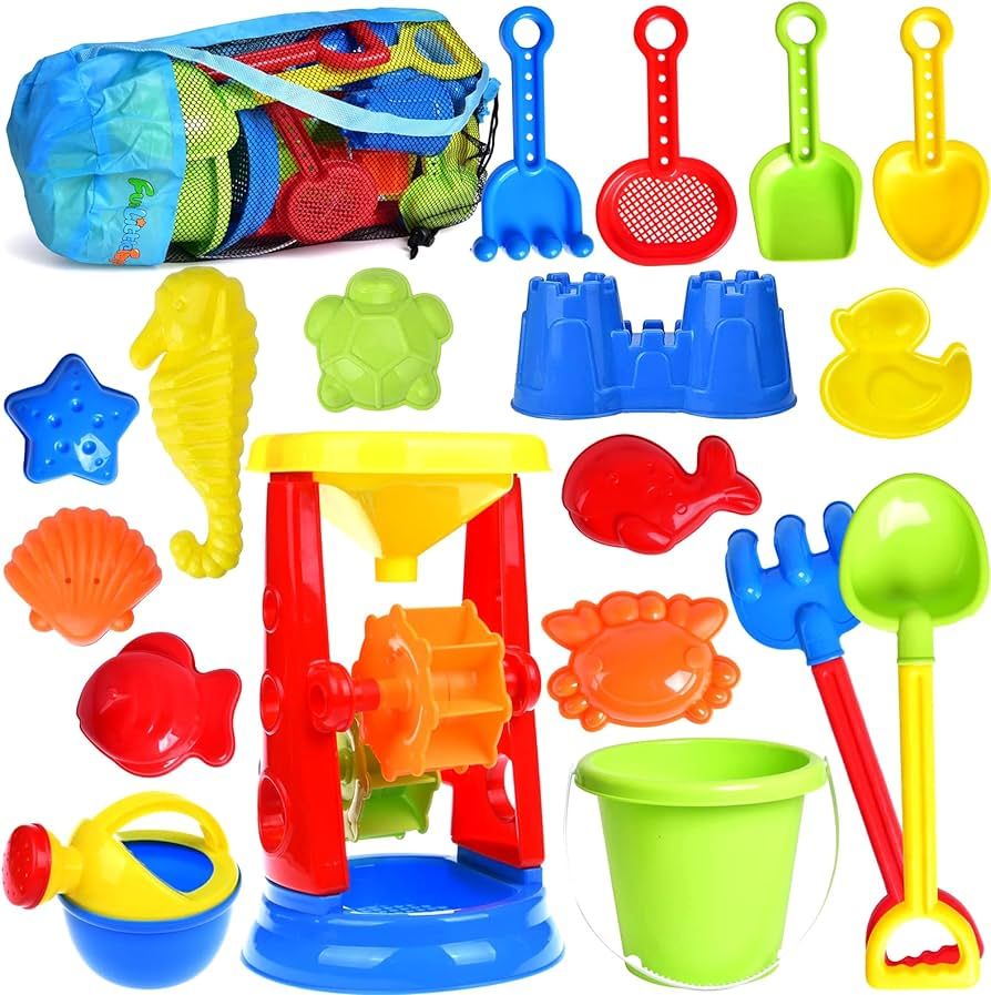 Beach Toys, 19 Piece Sand Toys Set Kids Sandbox Toys includes Water Wheel Beach Tool Kit Bucket W... | Amazon (US)