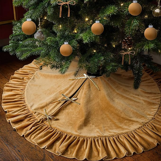 48 Inches Velvet Christmas Tree Skirt Khaki with Gold Bow Fur Plush Tree Skirt Luxury Xmas Skirts... | Amazon (US)