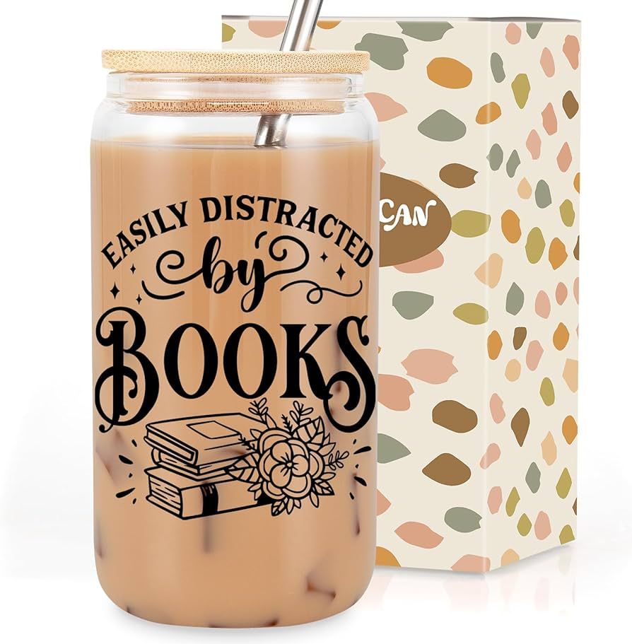 Coolife Book Themed 16oz Glass Cups w/Lids & Straws, Bookish Gifts for Book Lovers - Book Club Bo... | Amazon (US)