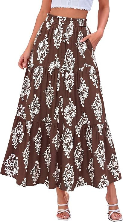 BTFBM Maxi Skirts for Women Summer Outfits Elastic High Waist A Line Boho Beach Vacation Cruise F... | Amazon (US)
