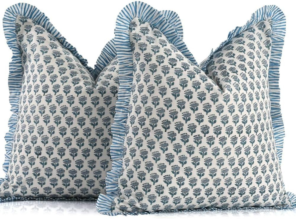 CPC Apatite Blue Ruffle Throw Pillow Covers for Couch, 18x18 Inch Cotton Stripe Ruffle Couch Pill... | Amazon (US)