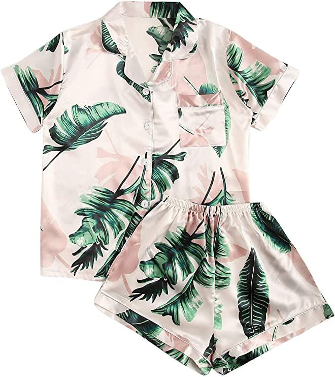 Floerns Women's Notch Collar Palm Leaf Print Sleepwear Two Piece Pajama Set Green XL at Amazon Wo... | Amazon (US)