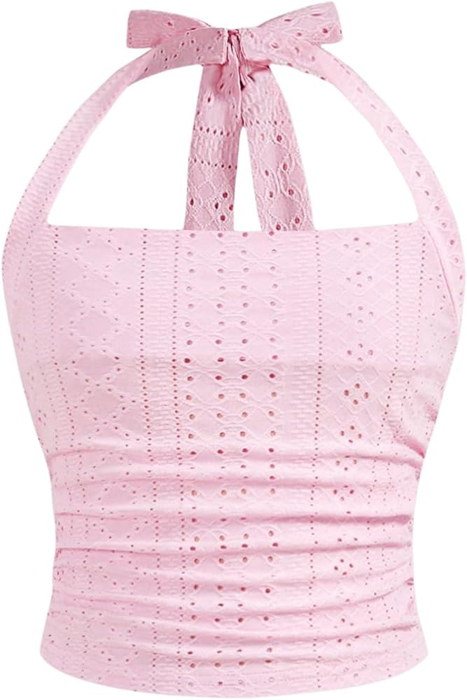 Floerns Girl's Eyelet Embroidery Sleeveless Halter Vest Solid Ruched Crop Tank Top | Amazon (US)