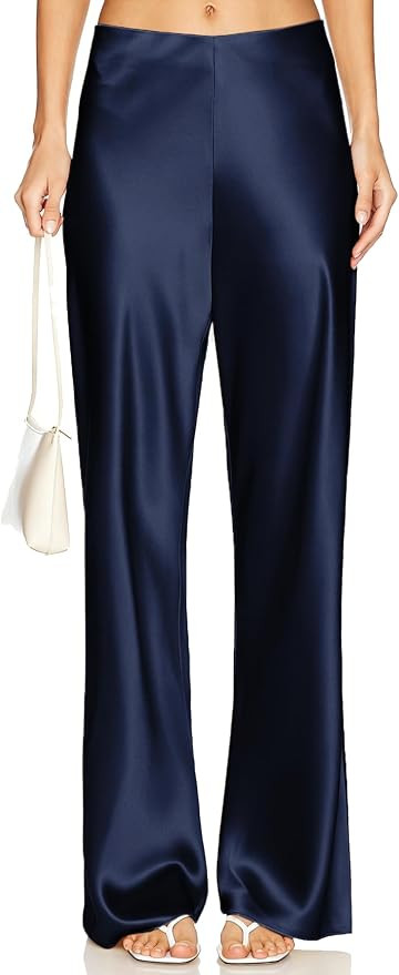 Women's Satin Wide Leg Dress Pants Hidden Elasticized Waistband Silk Casual Long Flowy Loose Trou... | Amazon (US)