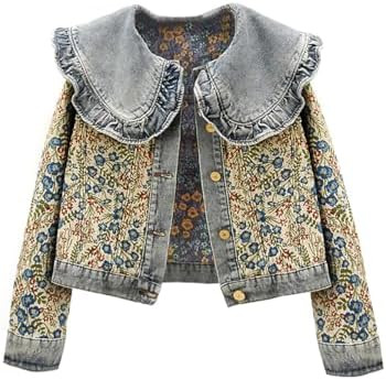 Women’s Sweet Peter Pan Collar Long Sleeve Jacquard Denim Jacket | Amazon (US)